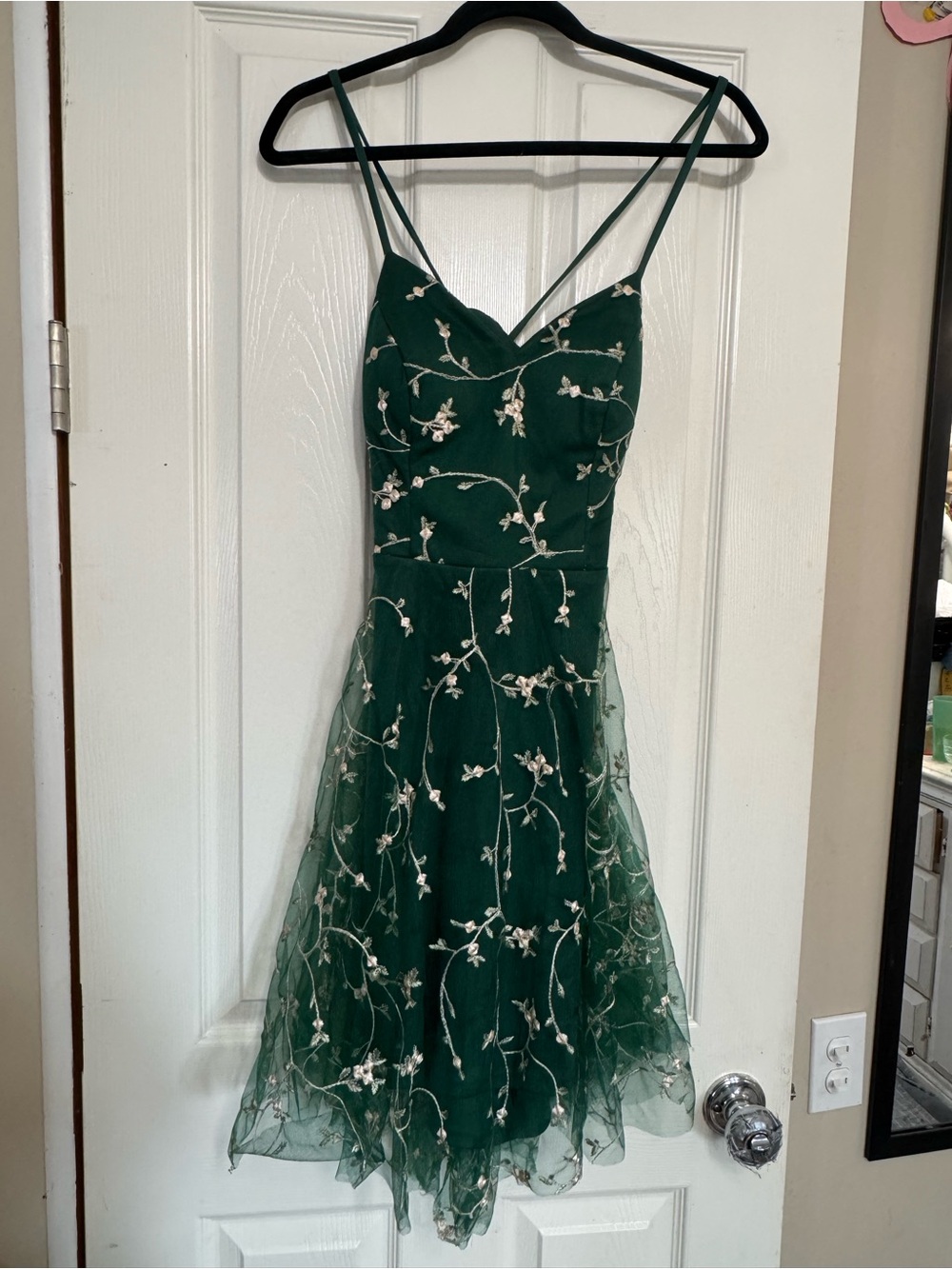 SHEIN Dark Green Floral Embroidered Mini Dress